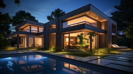 modern cozy house with parking and pool for sale or rent with wood plank facade and beautiful landscaping on background. Clear summer night with many stars on the sky. - obrazy, fototapety, plakaty