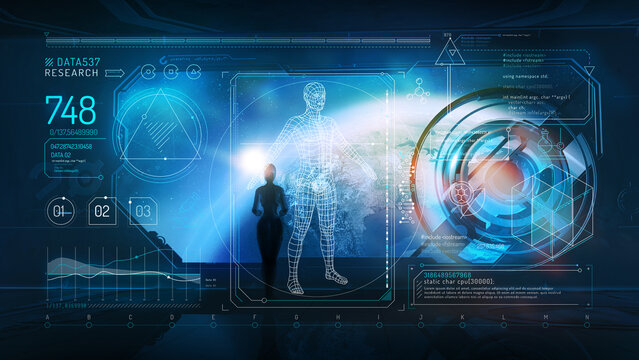 Infographic with 3D human model and scientific data collection on a sci-fi background.