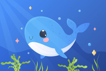 a cute whale in cartoon style. Vector illustration. Tshirt print, children's.