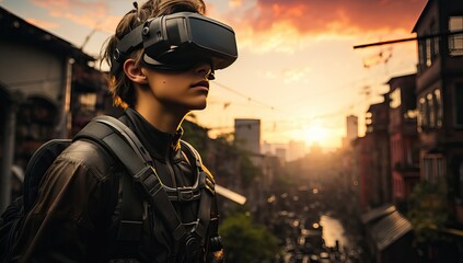 Young man wearing virtual reality goggles and exploring the city at sunset.