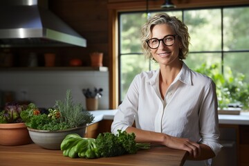 A proficient nutritionist, donned in smart casual attire, stands in a contemporary kitchen, surrounded by an array of vibrant organic ingredients. Soft natural window light emphasizes the lush greens