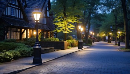 Night view of a street with lanterns and trees in the park