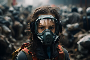 girl from the future wearing a protective breathing mask. generative ai. ecology concept.