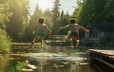 Young Kids jumping into the lake.Friends having fun enjoying a summer day swimming and jumping at the lake. Generative AI.
