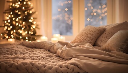 Beautiful Christmas tree with lights and blanket on bed