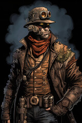 Steampunk Man in Graphic Novel Style.  Generative AI.  A digital illustration of a steampunk man in a comic book, graphic novel art style.
