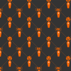 Happy halloween dark seamless pattern with halloween candy skull and witch hat