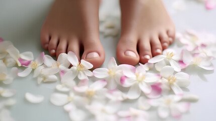 Obraz na płótnie Canvas Perfect legs on a background of flowers. Taking care of soft, smooth skin, spa treatments. Beauty salon for pedicure and manicure.