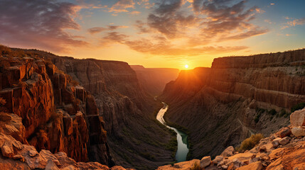 canyon during sunset, the sun dropping below rugged cliffs, rich orange and teal hues