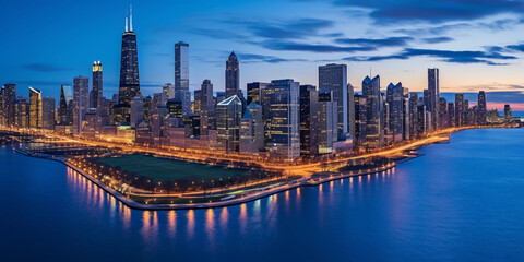 Aerial view of Chicago skyline, featuring Willis Tower, John Hancock Center, Navy Pier Ferris...