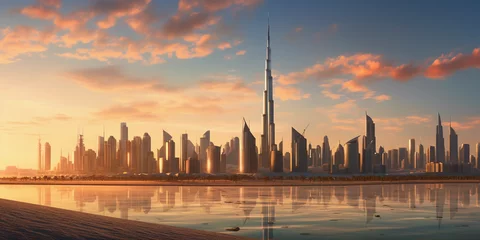 Crédence de cuisine en verre imprimé Burj Khalifa Dubai cityscape, ultra - high detail, Burj Khalifa and surrounding skyscrapers, golden sands in the foreground, sunset