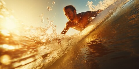 Surfer in action at sunset on the surfboard. Extreme water sport.