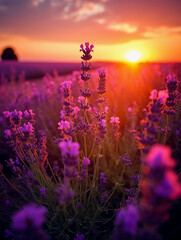 Obraz premium sun setting over a lavender field, deep oranges and purples in the sky, flowers in soft focus
