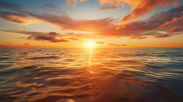 sun setting below a calm ocean horizon, golden sky, reflective water, rich clouds, slight lens flare, dreamy atmosphere