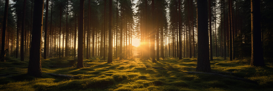 Forest Sunset, The Sun Setting Below Tall Pine Trees, Golden Beams Of Light Streaming Through, Rich Shadows