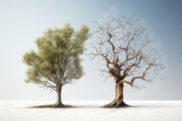 Generative AI. The concept of the problem of global warming. Pic showing the effects of dry land on the changing environment of trees. Two trees live green and dry dead nearby.