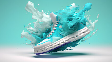 High fashion shoes, 3D illustration of sneakers in white and turquoise color.