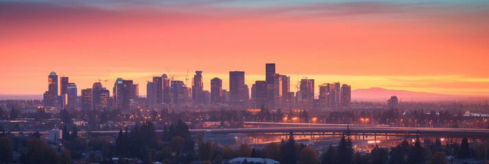 Sunset over the city skyline, glowing skyscrapers, sun just disappearing, orange sky blending into deep blue, aerial shot