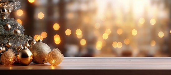 Empty table in front of blurred window sill with christmas tree