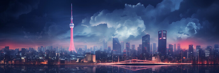 skyline, photorealistic capture of Tower and Skytree, neon city lights, bustling streets, night shot