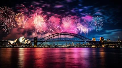 Papier Peint photo Sydney Harbour Bridge Sydney skyline featuring the Opera House and Harbour Bridge, vibrant fireworks during New Year’s Eve, high contrast, rich colors