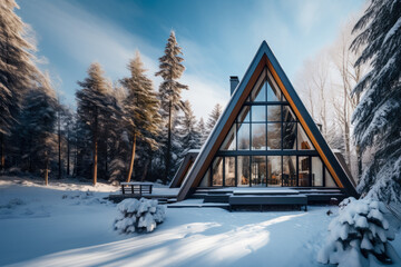a beautiful A-frame wooden house in the middle of the snowy forest on a brightful day