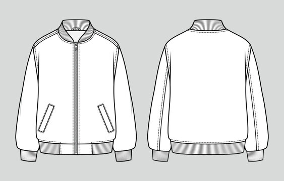 Oversized fit basic bomber jacket. Men's casual clothing. Vector technical sketch. Mockup template.