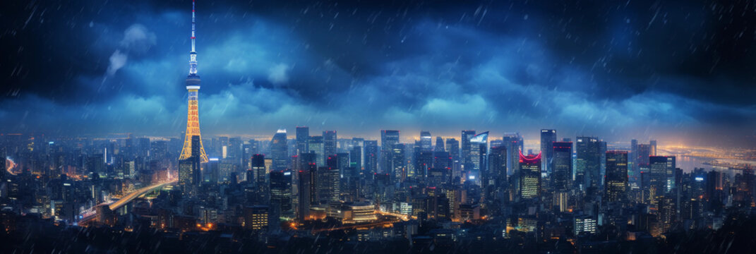 Fototapeta skyline, photorealistic capture of Tower and Skytree, neon city lights, bustling streets, night shot