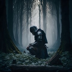 cinematic shot of a medieval soldier on his knees in an enchanted forest mid 90s moody dim dramatic lighting fog  - obrazy, fototapety, plakaty