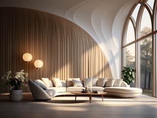Fototapeta premium Minimalist interior design of modern living room with abstract wood paneling arched wall