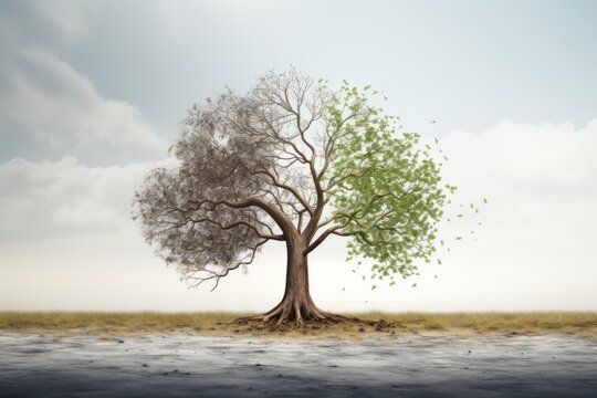 Generative AI. The concept problem of global warming. Pic showing effects of dry land on changing environment. Big old trees live and die. Branches with leaves on one side and dry on the other.