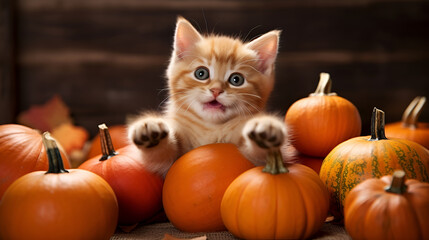 Funny ginger kitten sitting among small pumpkins - obrazy, fototapety, plakaty