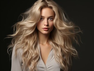 Beautiful young woman with long blonde hair and natural make-up. Fashion portrait of young beautiful woman with long blond hair on black background