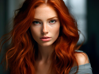 Naklejka premium Red haired lady looking straight into the cemra with focused eyes