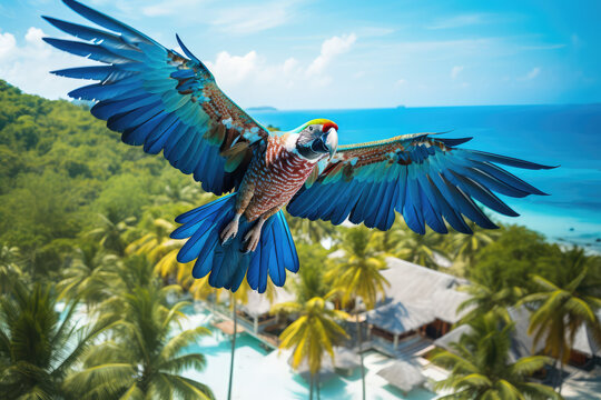 photo of a striped parrot flying over the beach