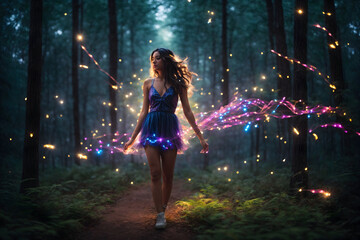 neon woman dancing in the forest