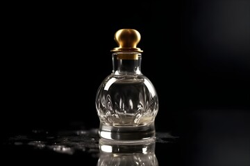 Obraz na płótnie Canvas short neck glass perfume bottle with little splash smoke on blurry background