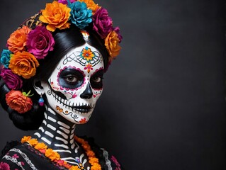 A Woman With A Skeleton Face Paint And Flowers In Her Hair