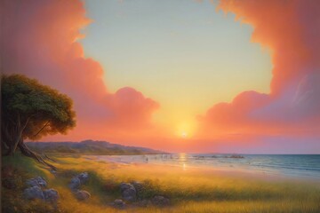 A Painting Of A Sunset On The Beach