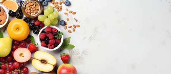 Nutritious breakfast items on gray background from above
