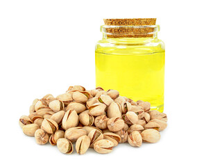 pistachio nut oil in bottle isolated on white background