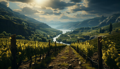 Fototapeta na wymiar Tranquil vineyard, sunset paints panoramic autumn landscape with green meadows generated by AI