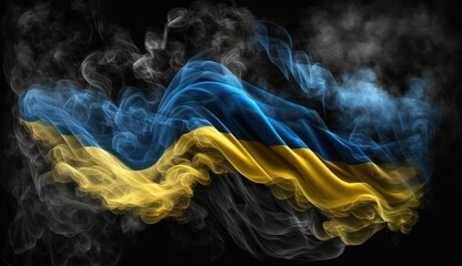 National flag of Ukraine made from thick colored smoke isolated on black background - obrazy, fototapety, plakaty