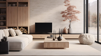 Japandi interior design for a modern living room featuring an elegant sofa, accessories, a table, and wall