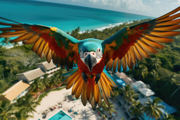 photo of a striped parrot flying over the beach