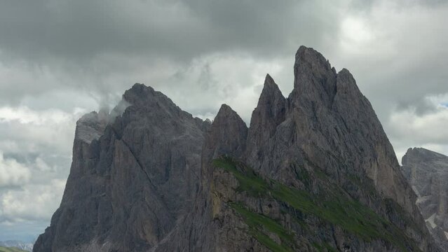Timelapse of Seceda summit on a cloudy day in the Dolomites, Italy
