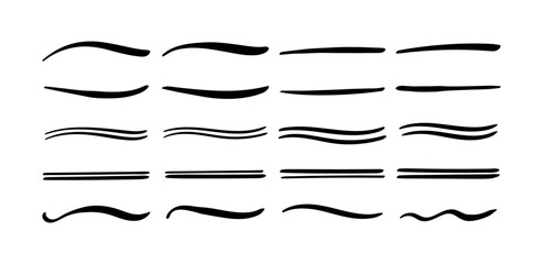 Swoosh and swoops double underline typography tails shapes. Brush drawn thick curved smears. Hand drawn collection of curly swishes, swashes, squiggles. Vector calligraphy doodle swirls. - obrazy, fototapety, plakaty
