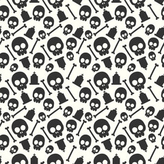 Halloween pattern with black and white halloween skull tombstone and bones
