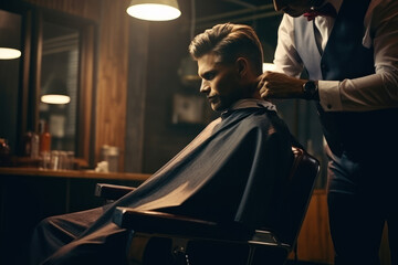 Barber serving a stylish bearded client in a retro barbershop - obrazy, fototapety, plakaty