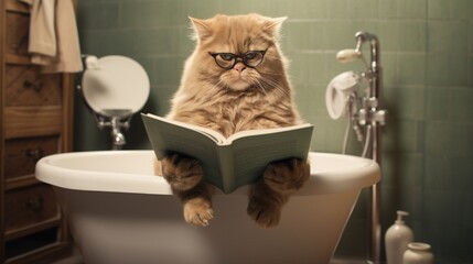interior of bathroom cat reading book in bath tub generated by AI tool 